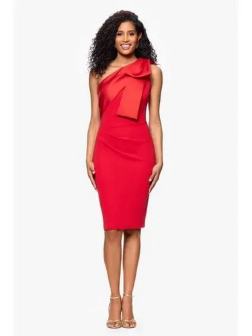 Betsy & Adam Red Bow One-Shoulder Crepe Cocktail Sheath Dress